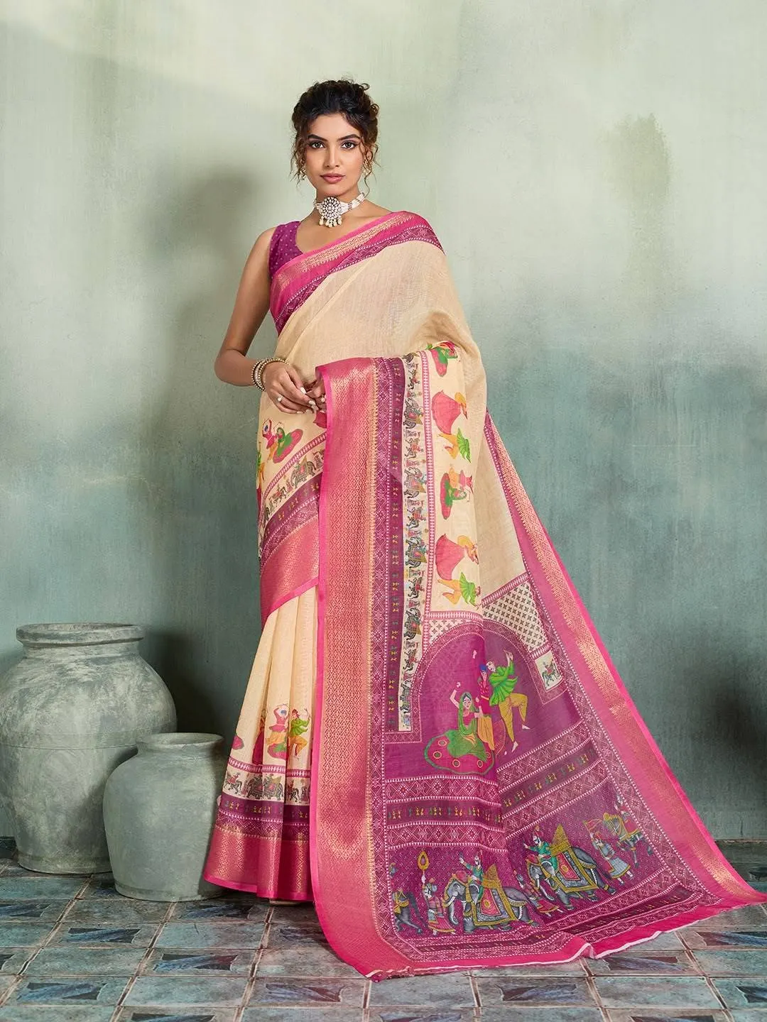 Beige Floral Zari Linen Saree