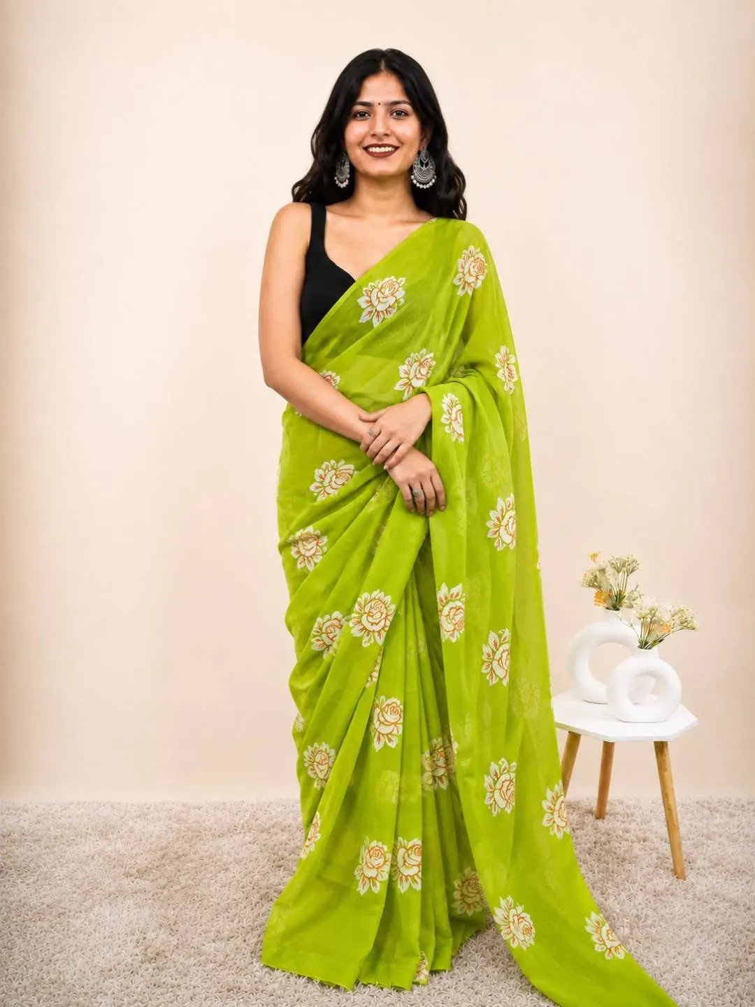 Parrot Green Hand-Painted Khadi Saree